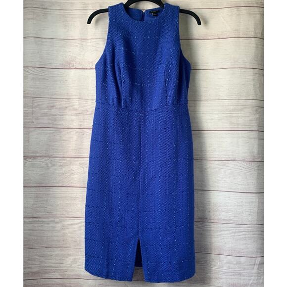 Ann Taylor Petite Royal Blue Sleeveless Tweed Sheath Dress Front Slit Size 4P - Picture 1 of 16